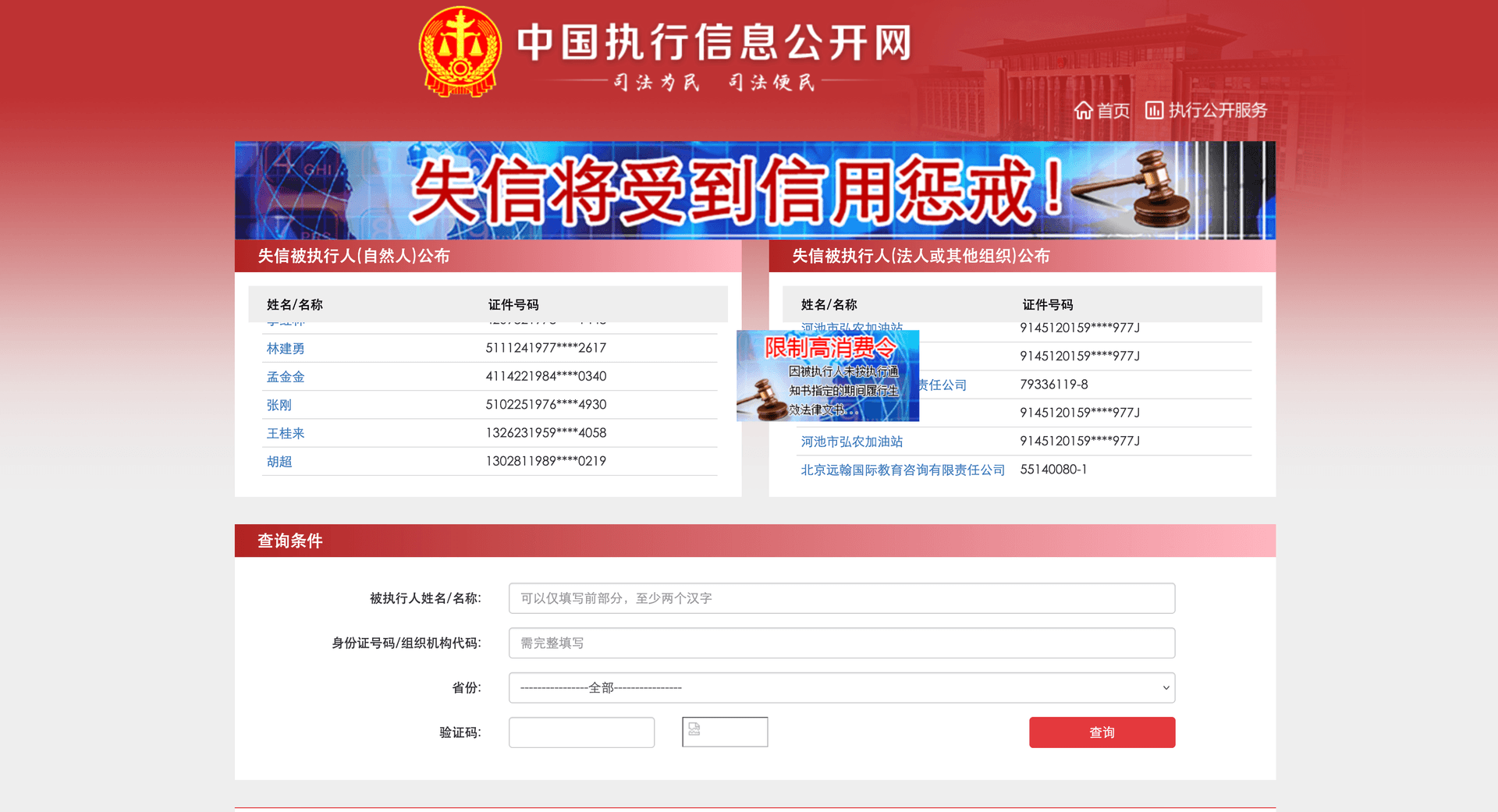China Execution Information Disclosure portal dishonest judgment debtor query results showing dishonest conduct details and punishment information