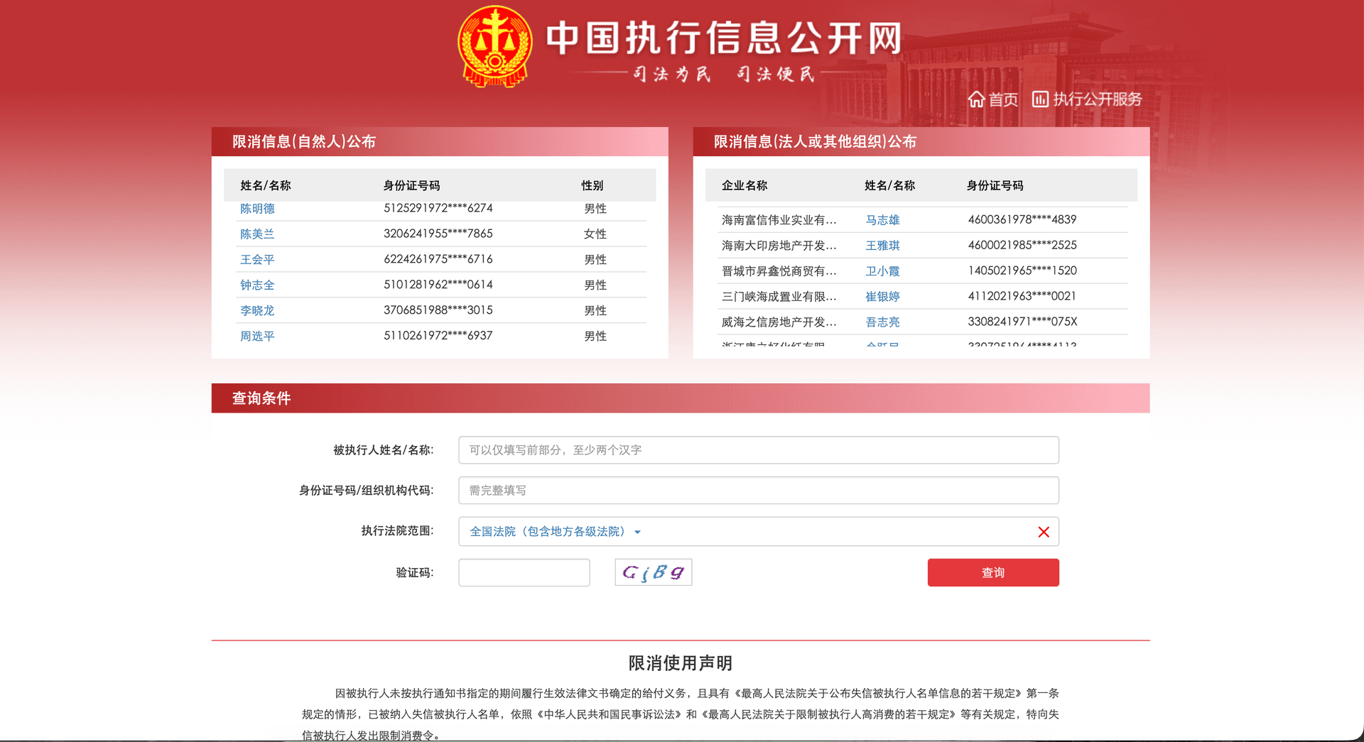 China Execution Information Disclosure portal consumption restriction query results showing restricted persons and associated case information