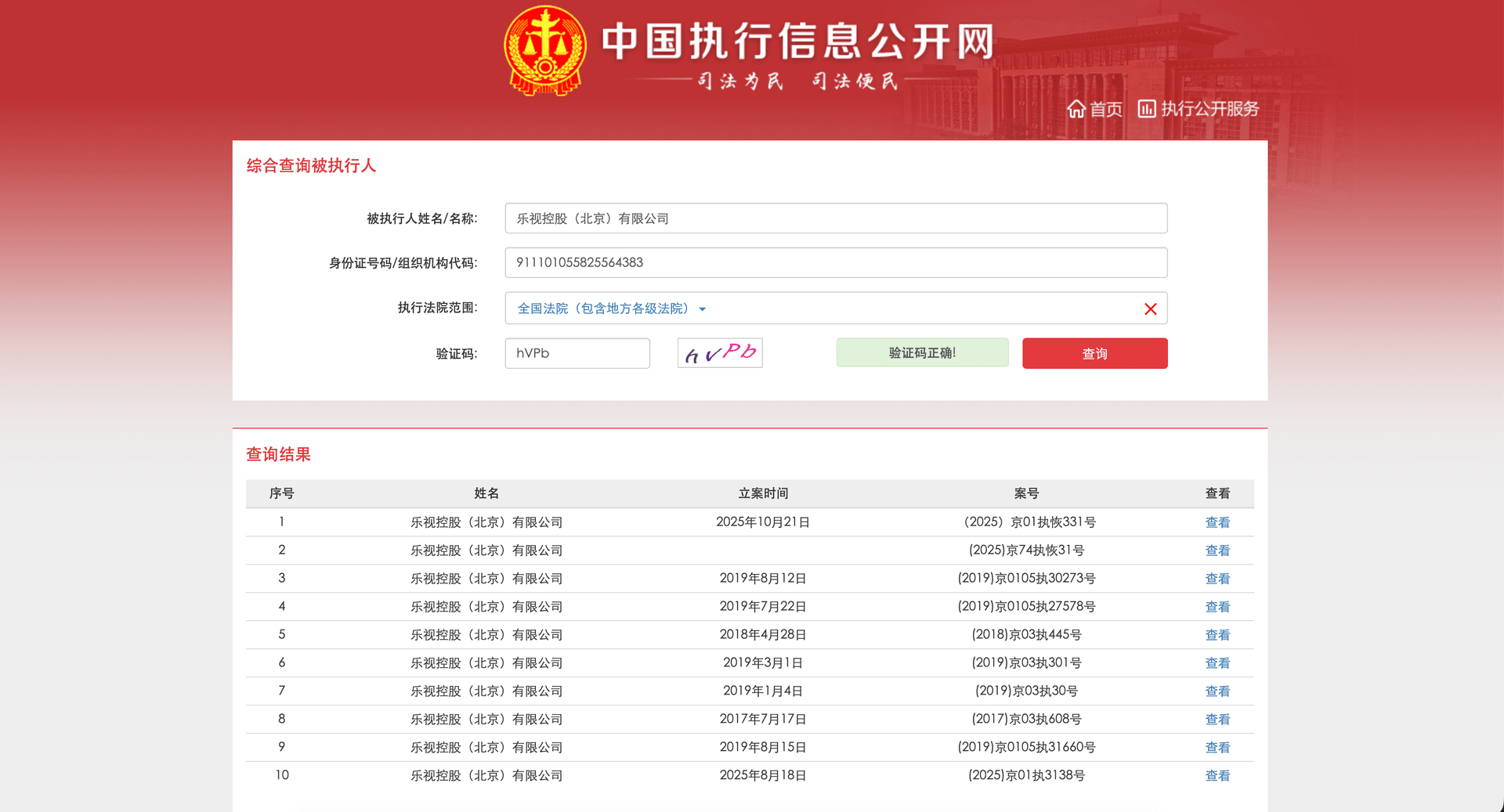 China Execution Information Disclosure portal executee query results showing enforcement case list with case numbers, courts, and amounts