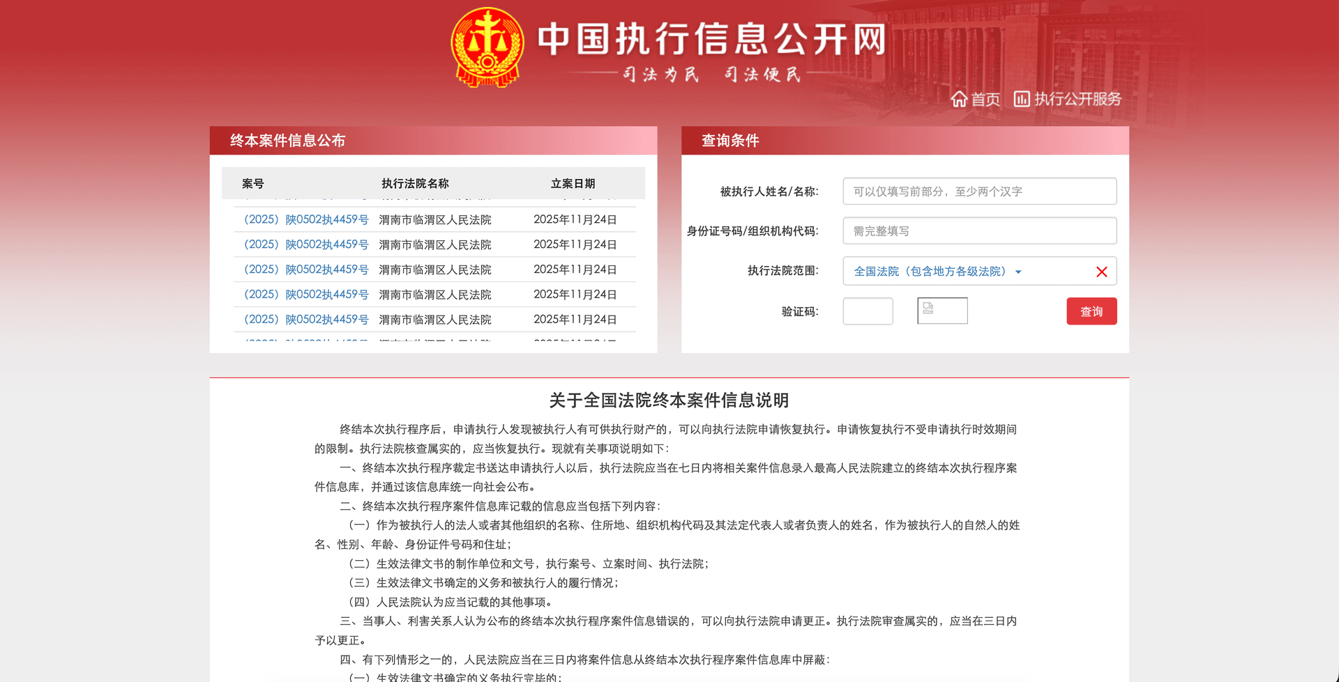China Execution Information Disclosure portal terminated enforcement case query results showing cases where no executable assets were found
